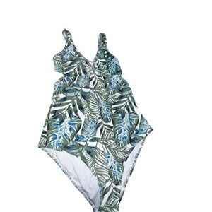 Cupshe Womens Tropical Leaf Print Cut Out One Piece Swimsuit Green Blue Large